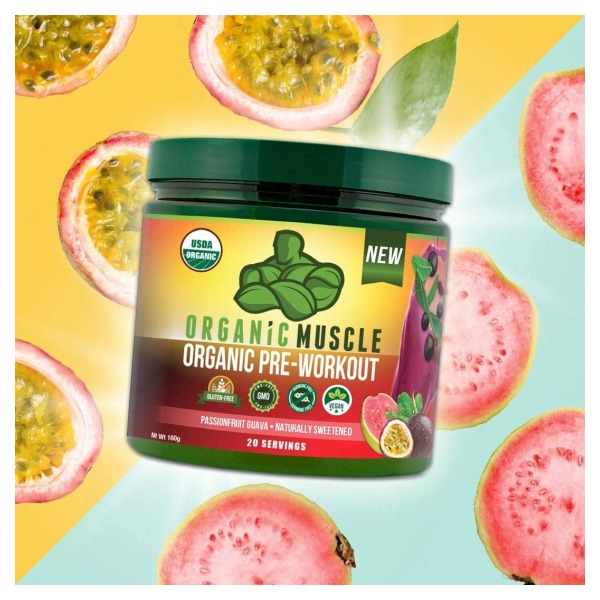 New オーガニックプレワークアウトパウダー パッションフルーツグアバ味 160g 回分 Organic Muscle オーガニックマッスル Salon Raquet De