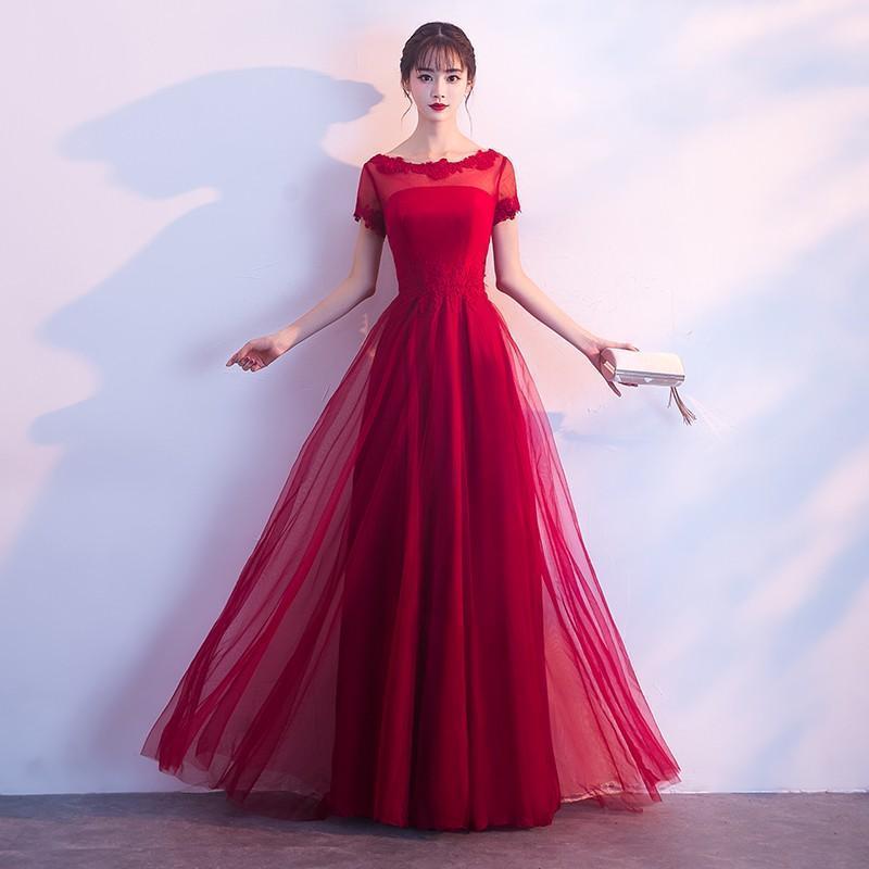 ロングドレス 演奏会 安い カラードレス 赤 花嫁 カクテルドレス 結婚式 イブニングドレス 半袖 二次会 フォーマル 発表会 パーティードレス コンサート|harmony17