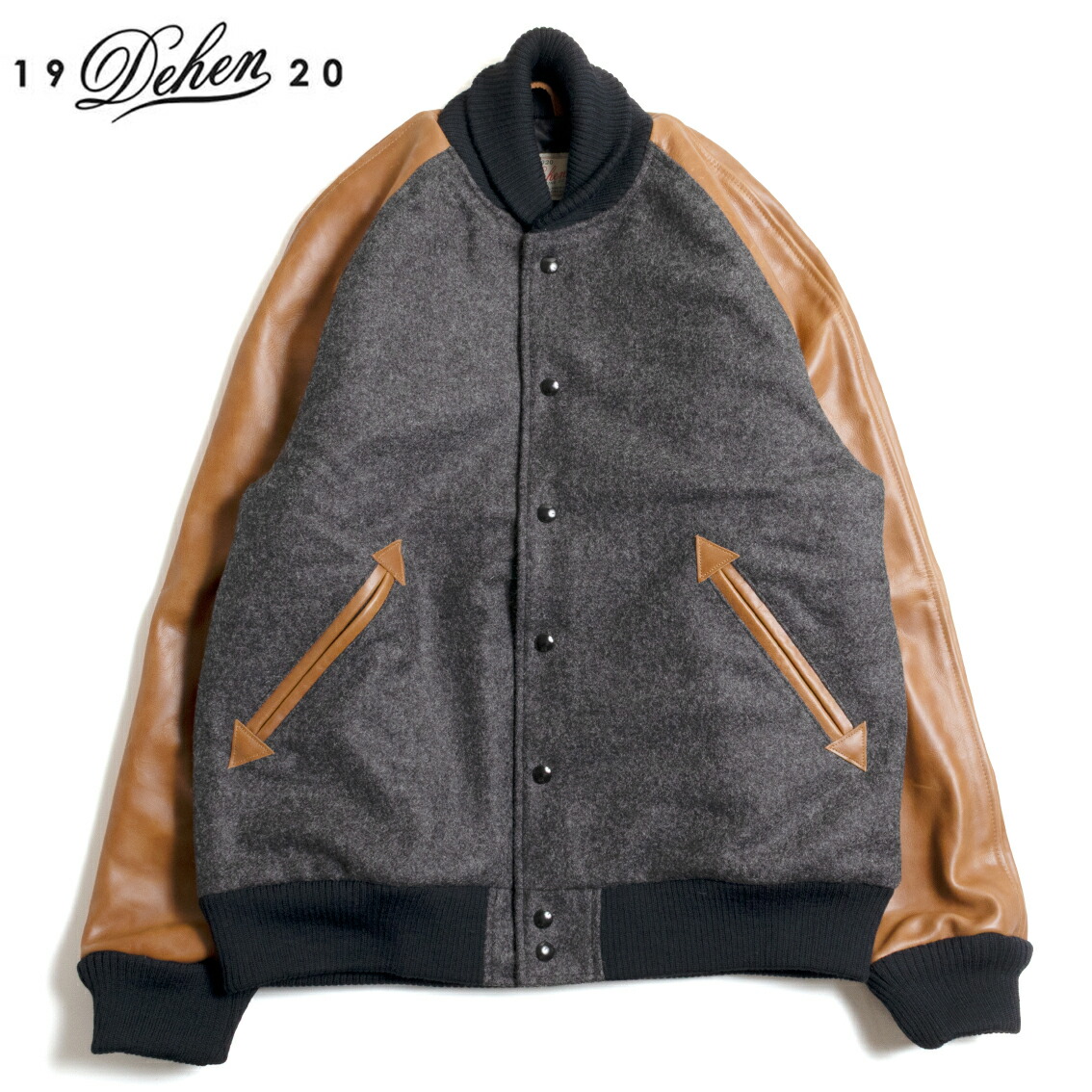 【大売り出し20%OFF】DEHEN ディーエン Raglan Varsity Jacket ラグラン捩り 赤ちょうちんシティ 上衣 Granite Antique Rust Leather