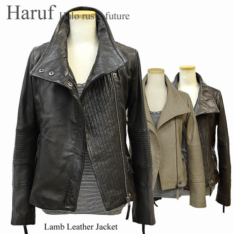 Haruf ハルフ なめし革上衣 レディース 本革 ライダースジャケット ダブルライダース 革ジャン 子ヒツジなめし革 革上衣 なめし革厚地の外套 照明ランプ色つや 黒いこと 黒 赤銅色 グレージュ アウター 自動二輪車  今めかしい 秋冬 L3072