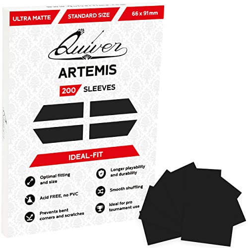 Quiver Time 200枚入り Artemis スタンダードブラックカードスリーブ - シングルマットデッキスリーブ - ポケモン、マジック：ザ・ギャザリング（MtGカードスリーブ）、遊戯王（ダブルスリーブ）と互換性のあるカードプロテクター（ブラック、66 x 91mm)画像