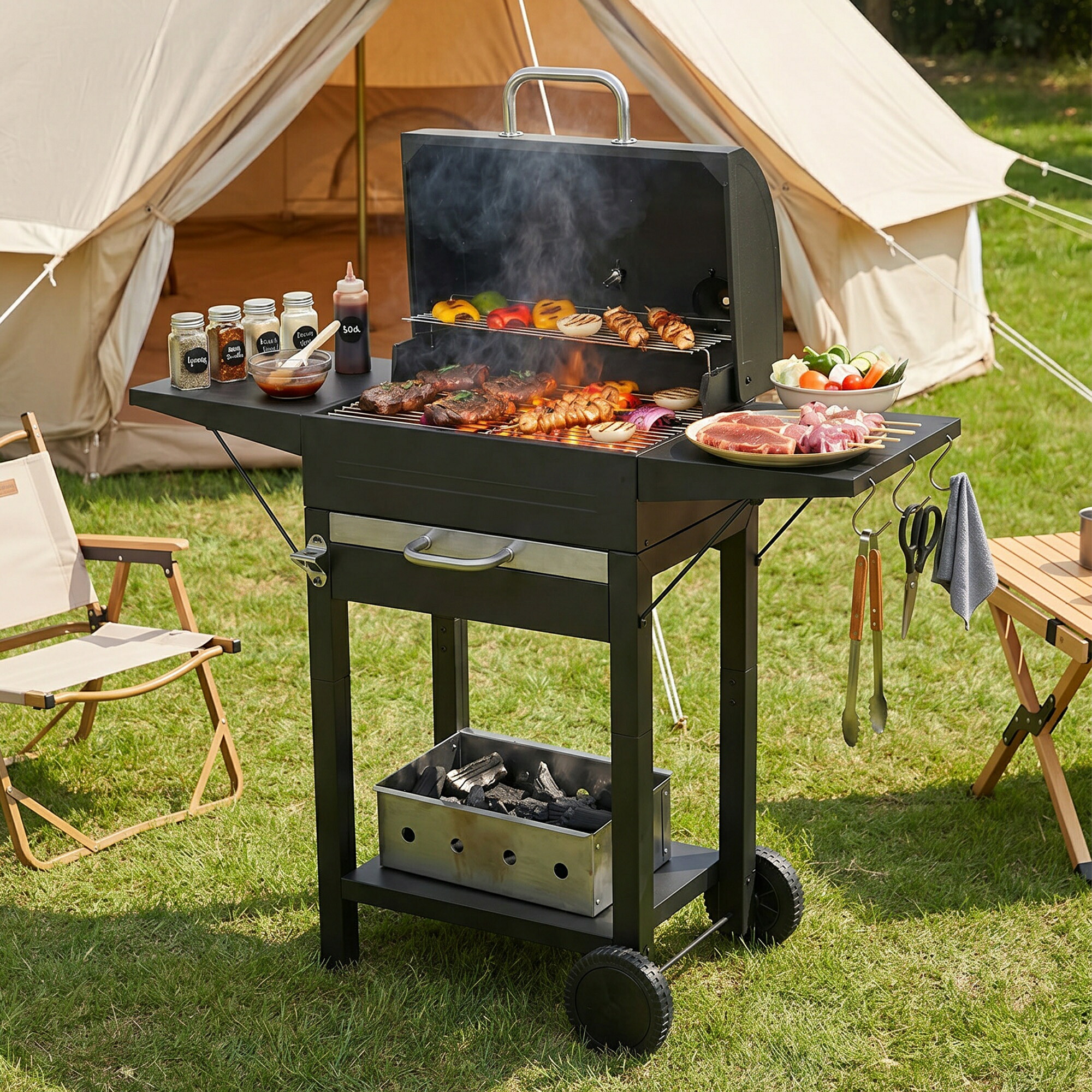 【引き出し式灰受け】バーベキューコンロ 大型 スチール 大人数用 ビッグ バーベキュースタンド BBQコンロ コンロ 幅 110cm 5～15人用 スチール製 軽量 収納 持ち運び 便利 鉄板焼き 網焼き焼き肉アウトドア｜haruhouse