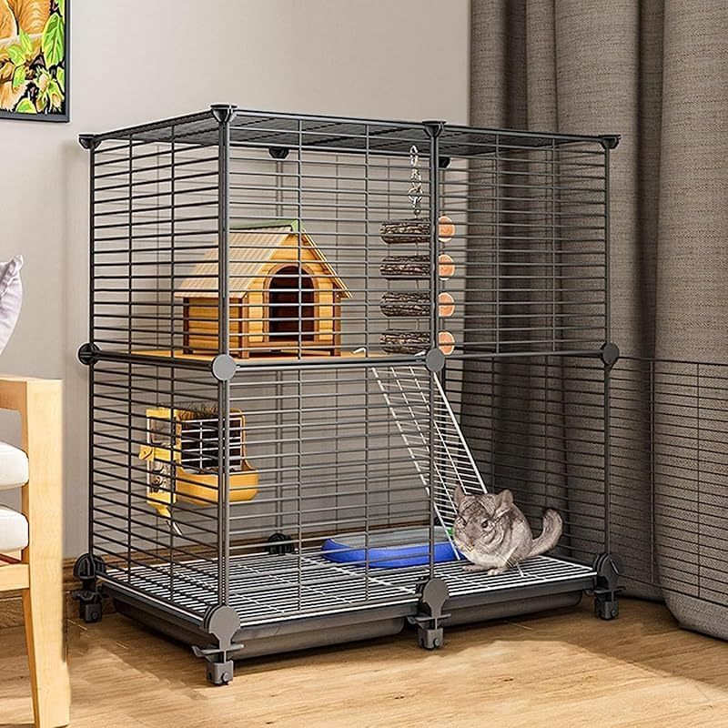 小動物ベビーサークル チンチラケージ 猫 フェレットケージ ポータブル ローリング チンチラ 子猫 リス ウサギ モルモット 取り外し可能 ワイヤーメッシュ サイズ75*39*76 色黒 ペットケ|春風ショップ