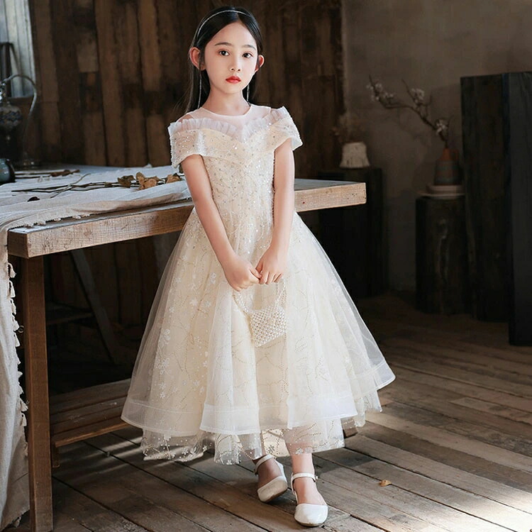 送料無料 子供ドレス 肩出し ロングドレス シャンパン色 オフショルダー 可愛い 女児ドレス スパンコール キラキラ ピアノ発表会ドレス 演奏会ドレス ロング 女の子ドレス キッズドレス 100 110 120 130 140 150 160