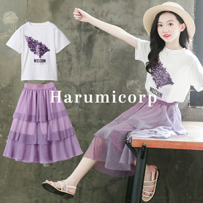 子供服 2点セットアップ キッズ 女の子 夏 韓国こども服 半袖 Tシャツ カステラスカート カジュアル ジュニア 可愛い おしゃれ お出かけ 普段着 通学着