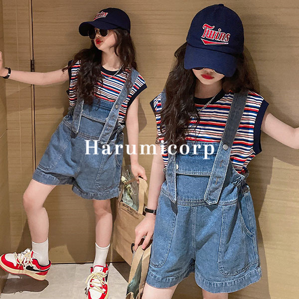 激安商品 韓国子供服 セットアップ キッズ 女の子 子供服 夏服 tシャツ カットソー デニムパンツ ハーフパンツ サロペット おしゃれ 可愛い こども服  ジュニア ベビー服 パンツセット トップス ボトムス 学生 通学 薄手 涼しい シンプル カジュアル ゆったり 160 150 140 ...