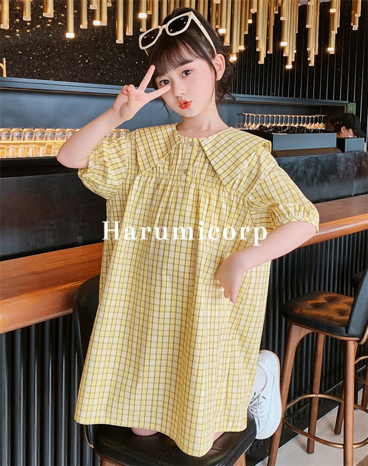 ワンピース キッズ 子供服 ガールズ フレアワンピース 半袖ワンピース 夏服 女の子 ジュニア ベビー服 チェック柄 韓国子供服 子ども服