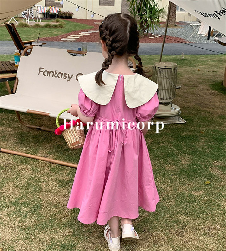 ワンピース キッズ 折り襟 ベビー服 韓国子供服 ジュニア 女の子 無地 子ども服 夏服 半袖ワンピース ガールズ ロングワンピース 子供服