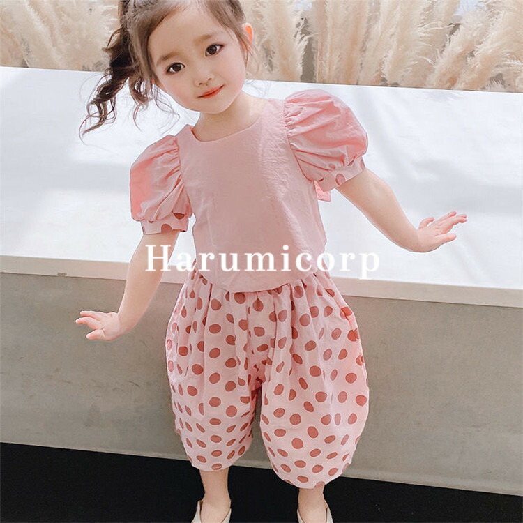 激安通販新作 セットアップ キッズ 子供服 女の子 夏服 韓国子供服 半袖 ブラウス Tシャツ 蝶結び ハーフパンツ 半ズボン ドット柄 おしゃれ 可愛い こども服 ジュニア ベビー服 パンツセット トップス ボトムス 学生 通学 カジュアル シンプル 140 130 1 110 100 90