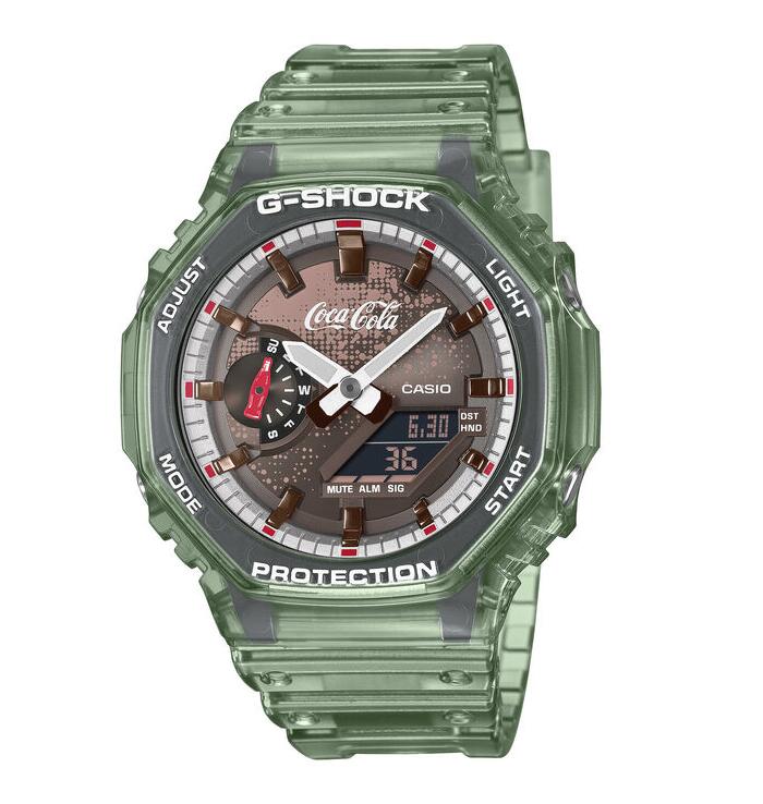 【取って置く】G-SHOCK Gぼうぜん自失 コカ･コ―ラ 140周年コラボモデル GA-2100CC-3AJR カシオ Coca-Cola 瓶画題 せつ然たる原料品 緑であることスケルトン デジタル＆アナログ ズボン下 メンズ ウオッチ （GA2100CC3AJR）