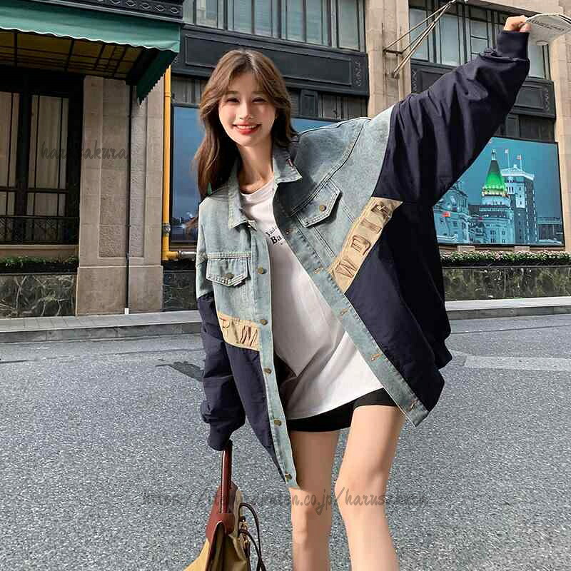 デニムジャケット レディース ゆったり ショート丈 配色 切り替え ワークテイスト カーキ色 紺色 アウター｜HARUSAKURA店