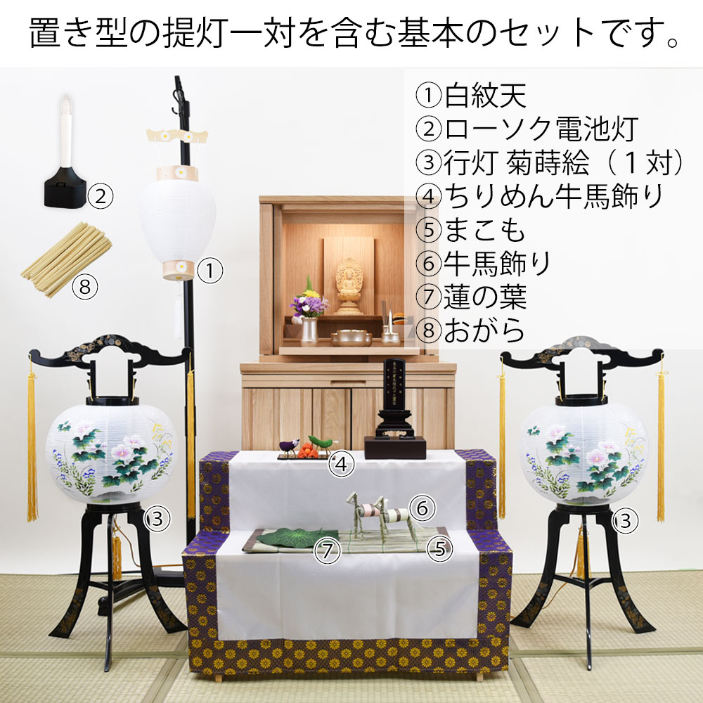 店内全品p5倍増し 初御盆外装 初盆揃え 初盆 新盆セット 新盆 初盆 新盆セット お盆 盆提光 盆ちょうちん 提灯 貰物 贈る使い方 セット 白提灯 霊前灯 円転灯 回転行灯 回転きせる 牛馬 ちりめん 真菰 まこも ミニ 初盆セット ベーシックセット 5 A お仏壇のはせがわ