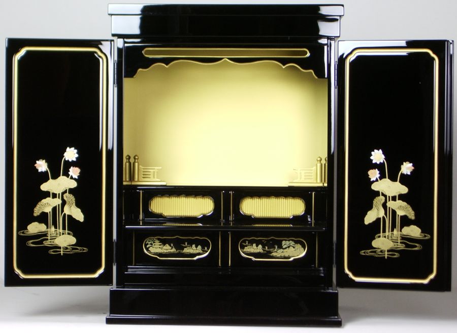 上置き小型仏壇 ミニ仏壇 金蓮華18号 戸裏蒔絵入 塗豆仏壇 二枚戸 送料無料