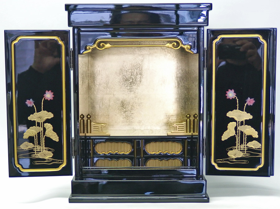 楽天市場】仏壇 上置 ミニ仏壇 金蓮華14号『戸裏蒔絵入』塗豆