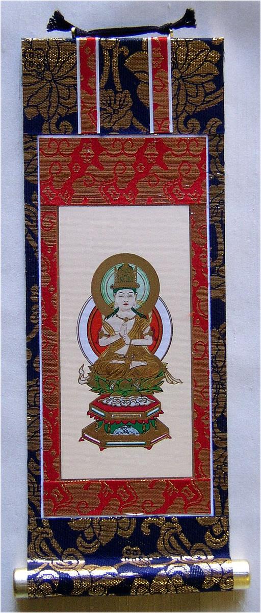 肉筆金粉　古仏画　絹本　仏画　掛け軸　仏壇　釈迦様　豪華仕上げ 掛軸 無銘『阿弥陀三尊』佛画 仏画 豪華金襴表装 絹本 美品 箱付