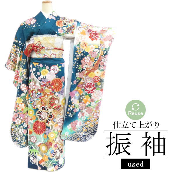 【中古】リユース 再利用 仕立てもの売り上げ金振袖 桜 菊 鞠 名取り草 緑 / 振袖 成年者式 再利用 リユース 仕立てもの売り上げ金 卒式 華燭の典 着物 御召しもの成人女性 御召しもの 和装 成人女性用 レディース 貨物輸送無料 used 【098】