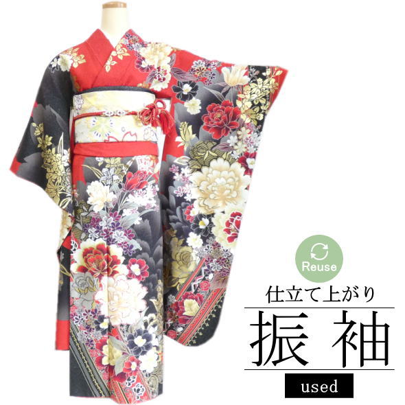 楽天市場】振袖 雪輪・菊・笹・桜 黒 / 正絹 仮絵羽 未仕立て 八掛付き