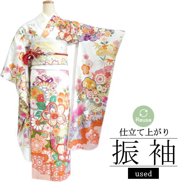 【中古】リユース リサイクル 仕立て上がり振袖 牡丹 桜 藤 梅 橘 菊 笹 松 白 / 振袖 成人式 リサイクル リユース 仕立て上がり 卒業式 結婚式 和服 着物女子 着物 和装 女性用 レディース 送料無料 used 【105】
