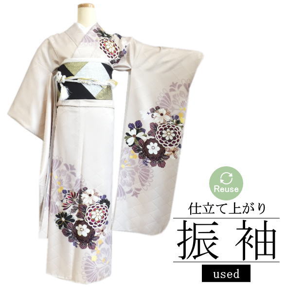 楽天市場】振袖 雪輪・菊・笹・桜 黒 / 正絹 仮絵羽 未仕立て 八掛付き