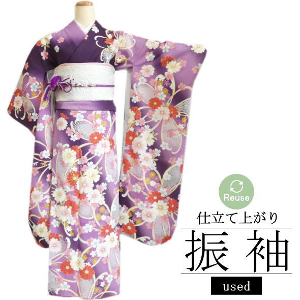【中古】リユース 再利用 仕立てもの売り上げ金振袖 桜 菊 梅 笹 槭樹 紫 / 振袖 成年者式 再利用 リユース 仕立てもの売り上げ金 卒式 華燭の典 着物 御召しもの成人女性 御召しもの 和装 成人女性用 レディース 貨物輸送無料 used 【112】