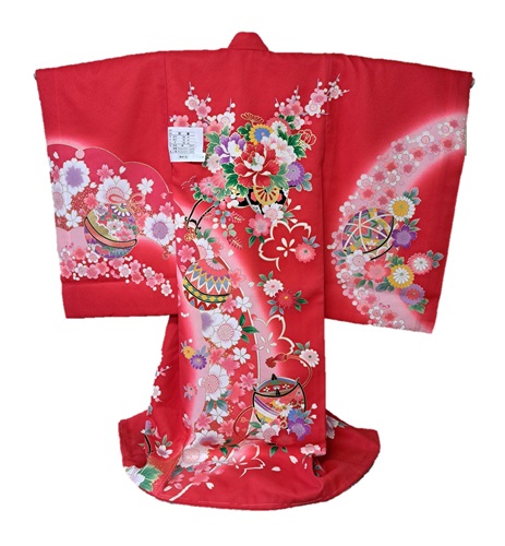女児産着【正絹】【お宮参り】【赤】【桜・御所車】【襦袢付き】【日本製】【一つ身】【熨斗目】【産衣】【初着】【掛け着】【送料無料】