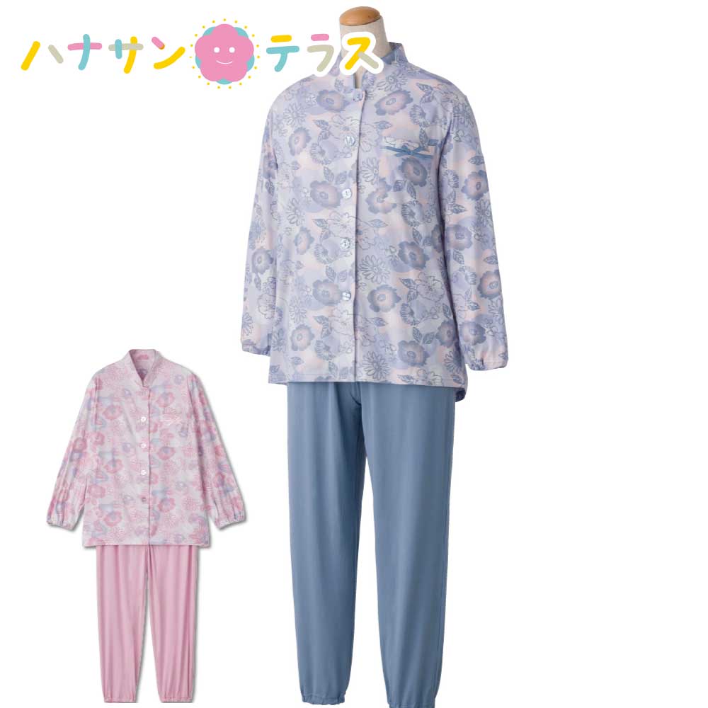 大きめボタンのびのびストレッチパジャマ 大きめボタン ななめボタンホール 3Ｌ 4L 腰曲がり 体型手口 足口ゴム交換可能 ウエスト調節ゴム付 年間 大きいボタン のびのび ストレッチ レディース 婦人 用 NOBI AID
