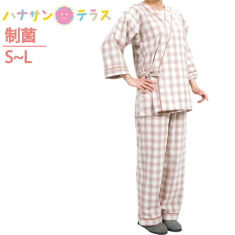 介護 寝巻き セパレートタイプ パジャマ タータンピンク 特殊衣料 打ち合わせ 2部式 ラウンジウェア S M L 内紐あり 介護用パジャマ 甚平型 打合せ 入院 患者衣 ズボン 高齢者 シニア 女性 レディース 婦人用 春 夏 秋冬