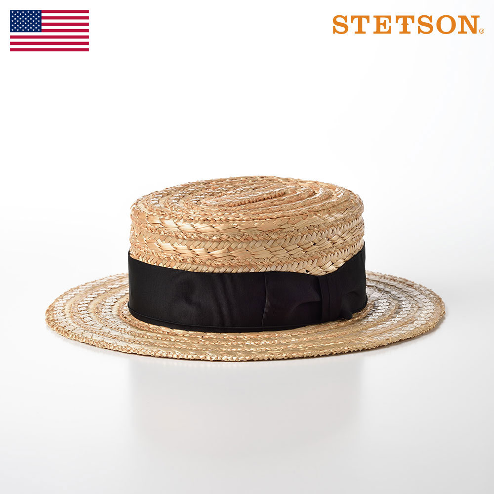Stetson メンズ 由緒ある風格を手に入れる ハードな仕上げのカンカン帽 太めリボンと奥深いカラーが本格的 革スベリを備えた伝統のクラシカルな意匠はステットソンならでは 帽子 ストローハット 花麦カンカン帽 ボーターハット ナチュラルバッグ 小物 ブランド雑貨