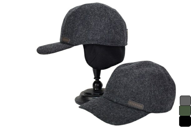 紳士帽子 日本製 STETSONステットソン 耳あて付き メンズ キャップ サイズ調節付き (チャコール/カーキ/ブラック) M L LL　イヤーフラップ イヤーマフ 男性 秋冬 真冬 防寒 SE672