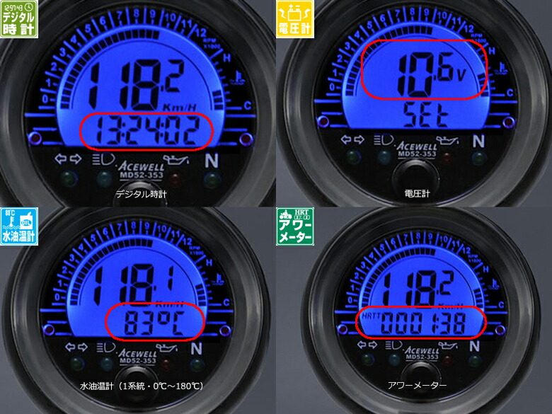 MD052シリーズ多機能小型デジタルメーター メッキベゼル 水油温計装備 ACEWELL エースウェル