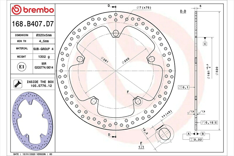バイクパーツ BREMBO SERIE ORO(ブレンボ セリエオロ) セリエオロ ブレーキディスク リジット 168B407D7 4550255941604