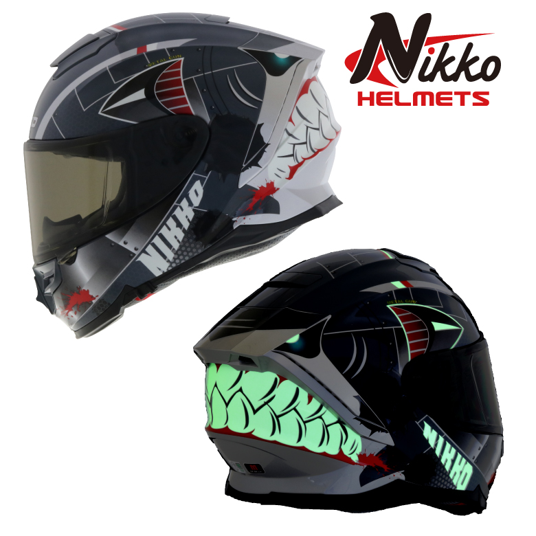 楽天市場 バイクフルフェイスヘルメットサメ シャーク 鮫 かっこいい おしゃれ オートバイ 光る 蓄光nikko ニッコー Grow Shark Helmet N 806お買い物マラソン バイク バイク用品はとやグループ