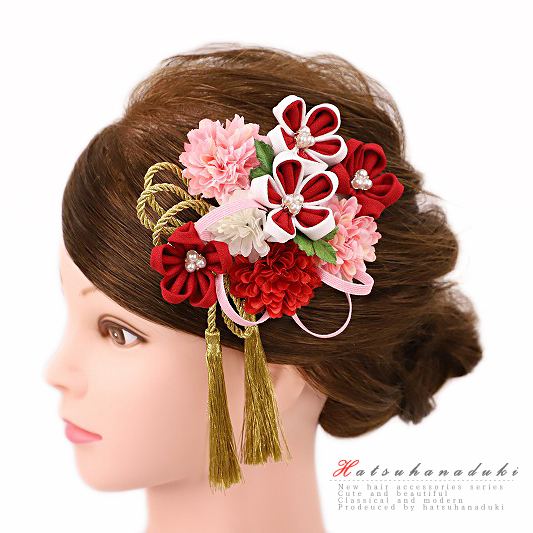 髪飾り 浴衣 夏祭り 花火大会 成人式 花 振袖 つまみ細工 袴 豪華2点セット 白 赤 ピンク 金色 ちりめん 組紐 房付き パール ヘアアクセ かんざし 簪 ヘッドドレス 卒業式 結婚式 髪型 ヘアスタイル ヘ髪型 ヘアアレンジ ドライフラワー 和装 着物 No 9 4236