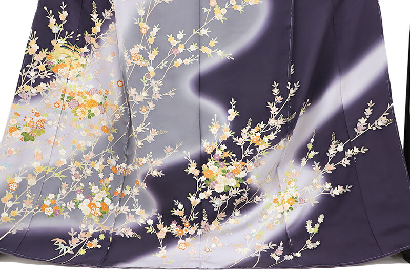 正規品販売! 訪問着 十日町友禅 はぶき 正絹 濃い青紫 菊 桜 椿 紅葉