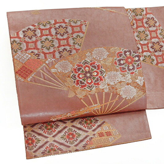 【 中古 】 袋帯 正絹 唐織 リサイクル 赤茶色 扇 花唐草 華文 花菱 亀甲 蜀江 本金箔 扇面華文 金銀糸 礼装用 フォーマル 仕立て上がり 六通 No.6-0452｜はつはなづき