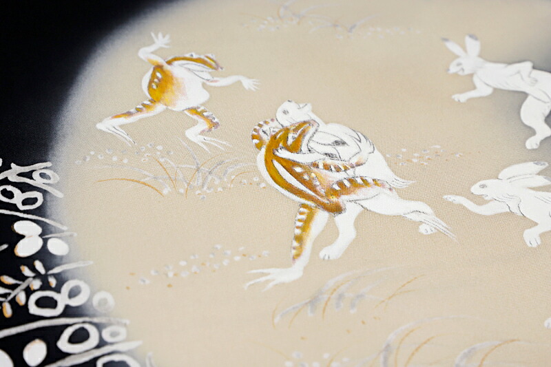 名古屋帯 絹菱 正絹 黒地 鳥獣戯画 兎 うさぎ 蛙 月 萩 秋 お月見 手挿し友禅 塩瀬 染帯 新品 お仕立て上がり 九寸帯 お洒落着 街着 カジュアル おしゃれ かっこいい 粋 かわいい モダン レトロ No 6 09 Lunarhomesdurgapur Com