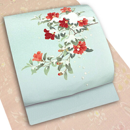 美品‼️染名古屋帯／縮緬／椿柄 染め分けに椿の花の模様 全通名古屋帯【未着用品】 | かわの屋