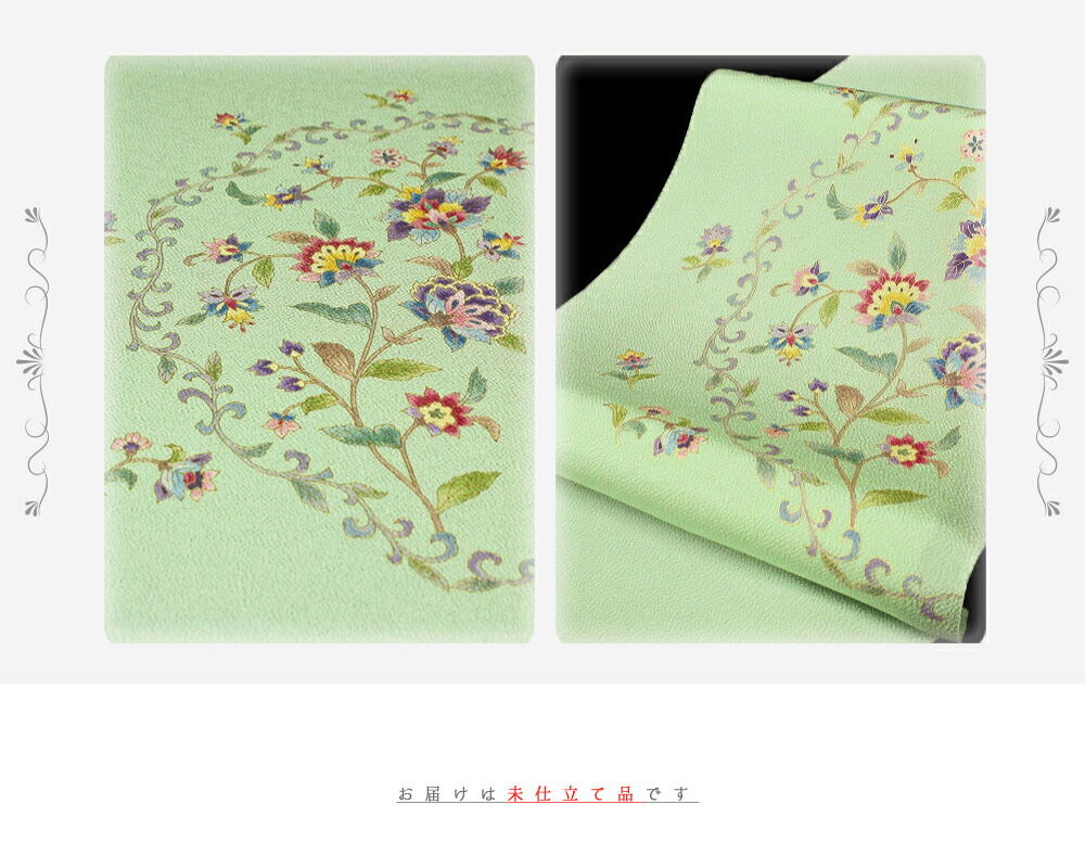 当店の記念日 カジュアル お洒落着 塩瀬 夏物 伊と幸 未仕立て 新品 岡重 老舗 国産生糸100 岡重謹製 浜ちりめん 正絹 金彩加工 金 模様 更紗 花唐草 黄緑 緑 グリーン 薄若竹色地 九寸 岡重 名古屋帯 かわいい No 7 0007 モダン 粋 かっこいい おしゃれ