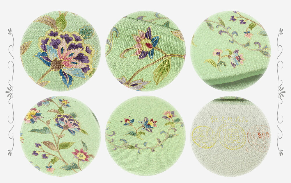 当店の記念日 カジュアル お洒落着 塩瀬 夏物 伊と幸 未仕立て 新品 岡重 老舗 国産生糸100 岡重謹製 浜ちりめん 正絹 金彩加工 金 模様 更紗 花唐草 黄緑 緑 グリーン 薄若竹色地 九寸 岡重 名古屋帯 かわいい No 7 0007 モダン 粋 かっこいい おしゃれ