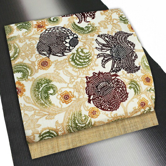 楽天カード分割 楽天市場 栗山吉三郎 夏物 名古屋帯 反物 栗山紅型 和染紅型 紅型染 薄 黄土色 ザクロ 更紗 九寸 麻 手積み 手織り 夏物 新品 未仕立て お洒落着 カジュアル かわいい おしゃれ かっこいい 粋 モダン 涼しい 透け感 東京紅型 江戸紅型 本紅型 琉球紅型