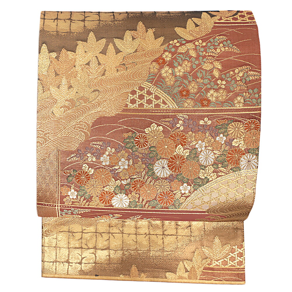 【 中古 】 袋帯 正絹 唐織 リサイクル 茶 赤 赤茶 臙脂 金 花 菊 秋草 芝 波 青海波 観世水 流水 亀甲 格子 籠目 菱 仕立て上がり 引箔 礼装用 フォーマル シック おしゃれ 大人 No.6-1003 13,200円