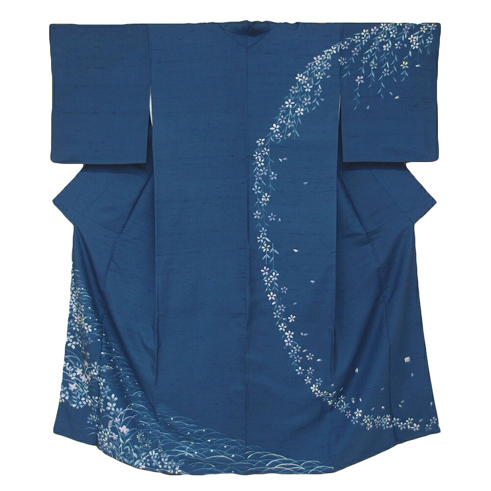 【 中古 】 訪問着 紬 紬の訪問着 手描き 枝垂桜 梅雨芝 藍 クリーム色 桜色 仕立て上がり セミフォーマル 身丈160.5cm 裄68.5cm Lサイズ No.3-0293