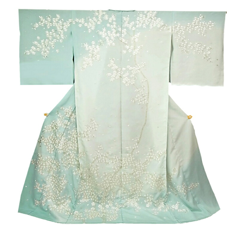 訪問着 手刺繍 正絹 桜 結婚式 フォーマル 結婚式 入学式 卒業式 仮絵羽 未仕立て 反物 空色 オフホワイト 着物 No.88-2001