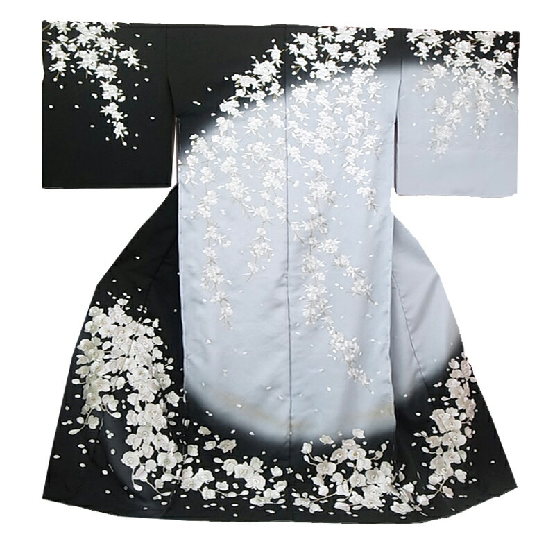 訪問着 手刺繍 正絹 桜 胡蝶蘭 フォーマル 結婚式 入学式 卒業式 仮絵羽 未仕立て 反物 黒地 着物 No.88-2005