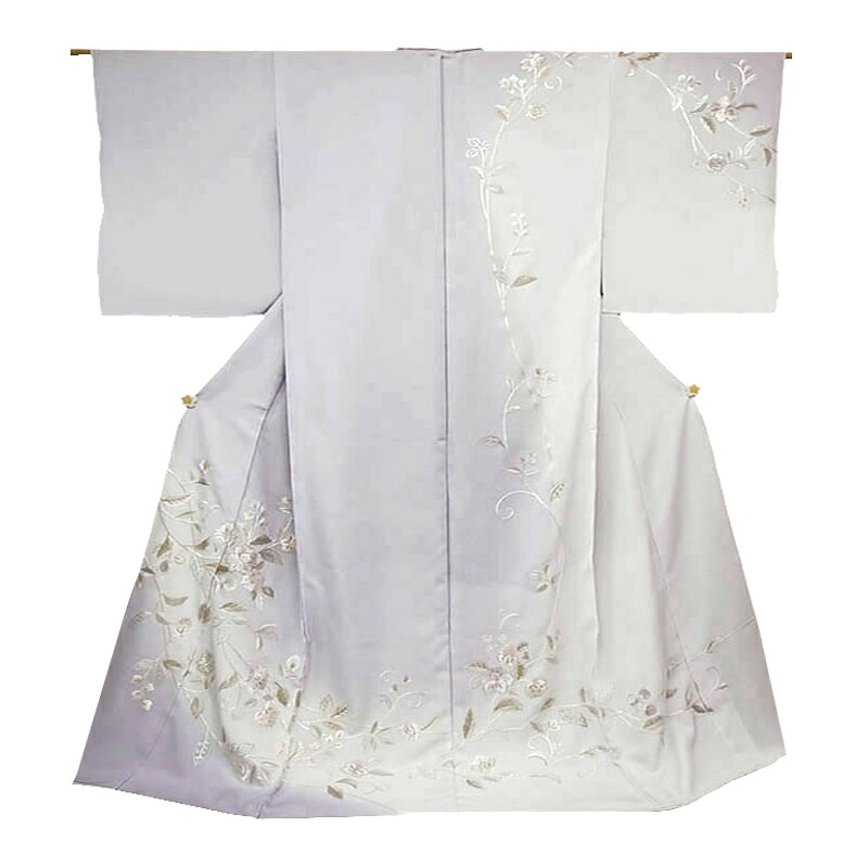 訪問着 手刺繍 正絹 花更紗 フォーマル 結婚式 入学式 卒業式 仮絵羽 未仕立て 反物 紫 オフホワイト 着物 No.88-2007｜はつはなづき