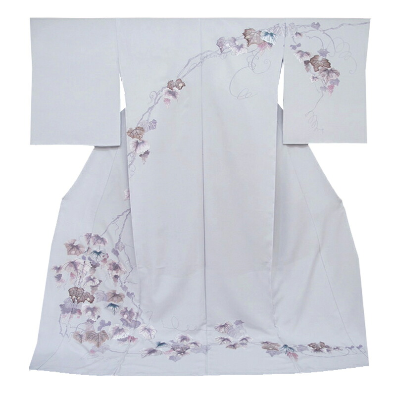 訪問着 仮絵羽 未仕立て 反物 正絹 手刺繍 葡萄蔓 フォーマル 結婚式 入学式 卒業式 ブルーグレー 着物 No.88-2017｜はつはなづき