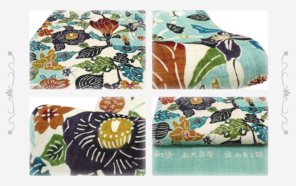 栗山吉三郎 名古屋帯 栗山紅型 和染紅型 紅型染 水色 花尽くし 桜 とんぼ 本大麻 九寸 麻 手積み 手織り 夏物 新品 未仕立て お洒落着 カジュアル かわいい おしゃれ かっこいい 粋 モダン 涼しい 透け感 東京紅型 江戸紅型 本紅型 琉球紅型 受注生産 No 10