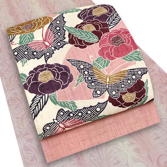 栗山吉三郎 名古屋帯 栗山紅型 和染紅型 紅型 梅色 渋ピンク 牡丹 扇面 本大麻 九寸 麻 手積み 手織り 夏物 新品 未仕立て お洒落着 カジュアル かわいい おしゃれ かっこいい 粋 モダン 涼しい 透け感 東京紅型 江戸紅型 本紅型 琉球紅型 受注生産 No 15