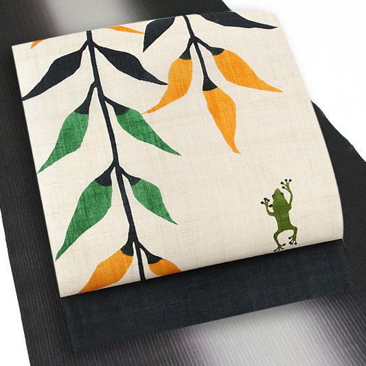 帯 人気沸騰ブラドン 九寸 本大麻 カエル 柳 柳に蛙 濃紺色 紅型染 和染紅型 栗山紅型 名古屋帯 栗山吉三郎 麻 No 17 受注生産 琉球紅型 本紅型 江戸紅型 東京紅型 透け感 涼しい モダン 粋 かっこいい おしゃれ かわいい カジュアル お洒落着 未仕立て 新品 夏物 手織り