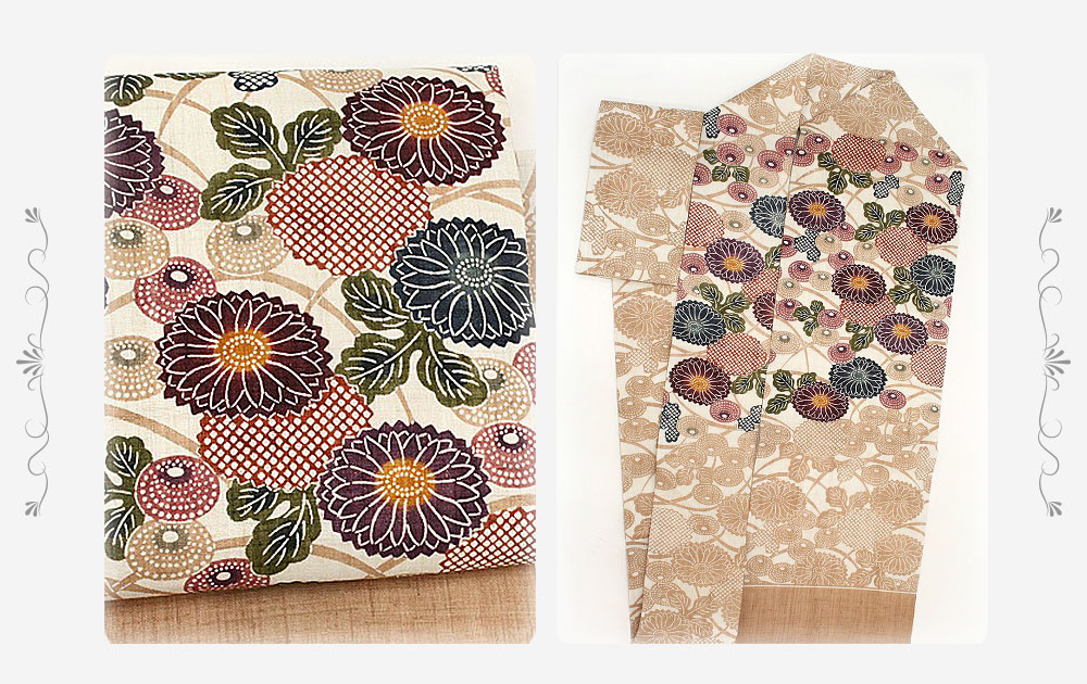 栗山吉三郎 名古屋帯 栗山紅型 和染紅型 紅型染 ベージュ 菊 疋田 本大麻 九寸 麻 手積み 手織り 夏物 新品 未仕立て お洒落着 カジュアル かわいい おしゃれ かっこいい 粋 モダン 涼しい 透け感 東京紅型 江戸紅型 本紅型 琉球紅型 受注生産 No 11